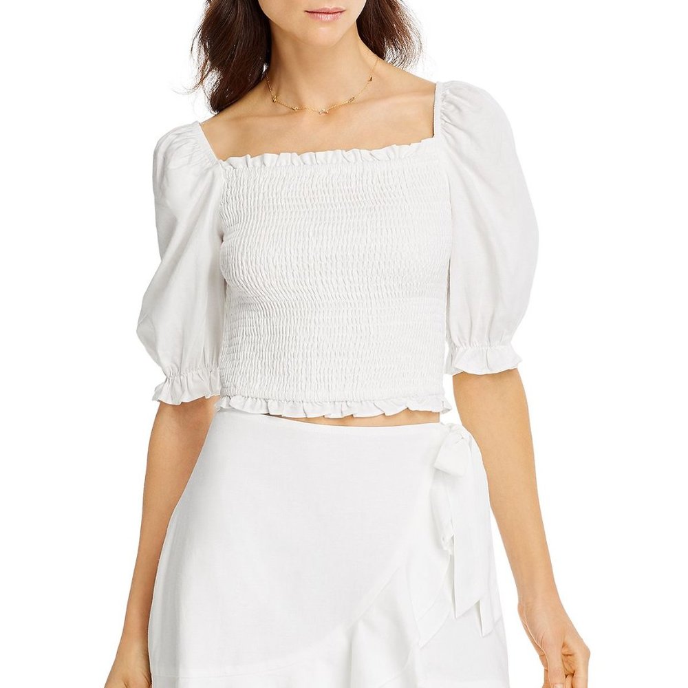 Smocked Puff-Sleeve Crop Top